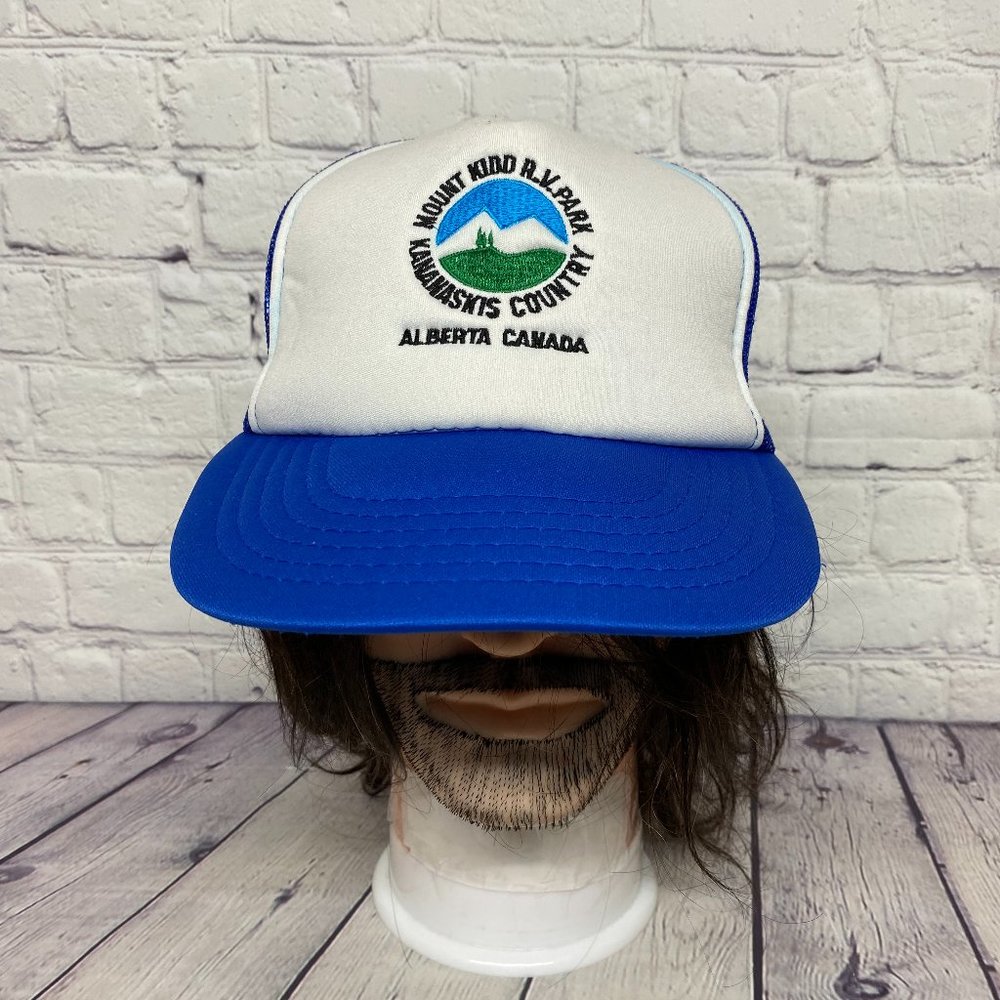 Vintage Trucker Hat Mesh Cap Snapback Blue White Mount Kidd RV Park Kananaskis